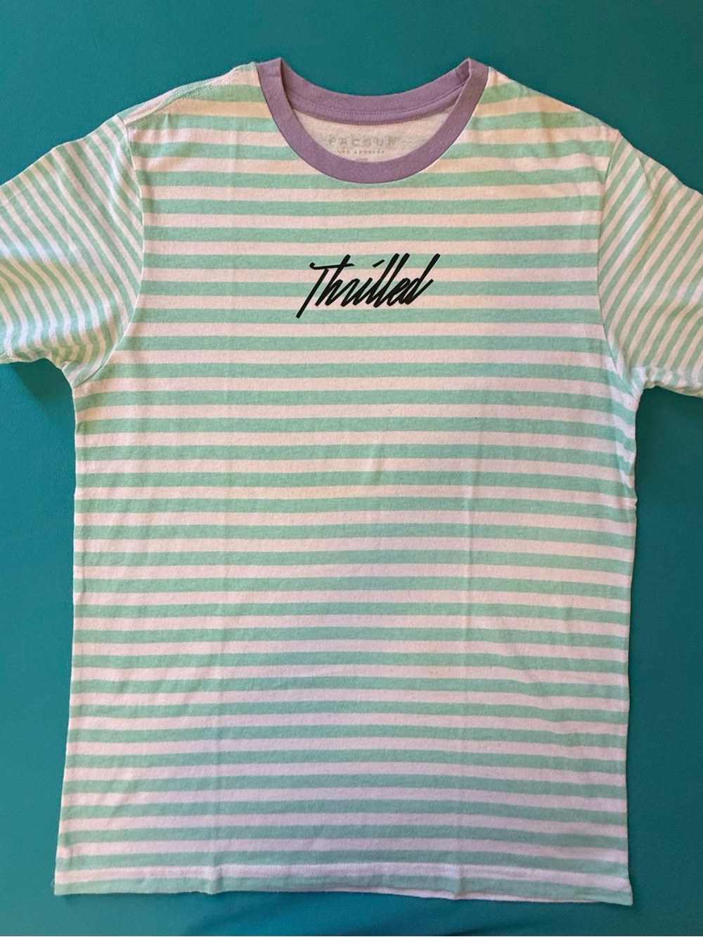 PacSun Mint Green and White Striped 'Thrilled' Ringer Tee with Lavender Collar